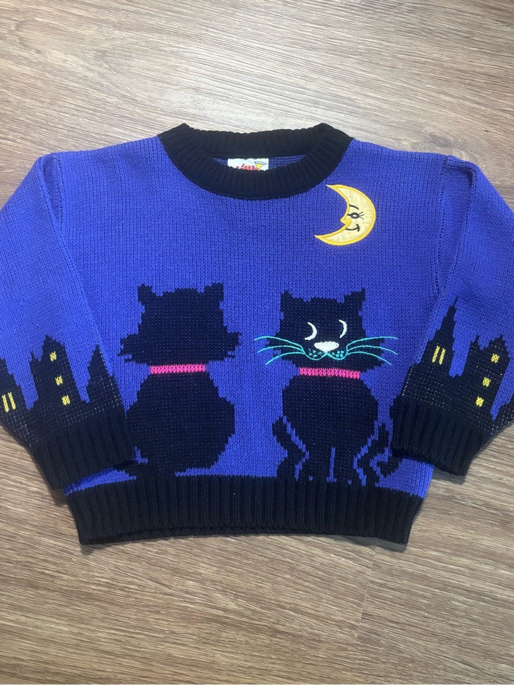 Vintage 80s 90s Little Fun Kids Purple Halloween Black Cat Sweater 6 7 Made USA